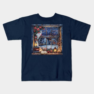 Fantasy winter starry night window Kids T-Shirt